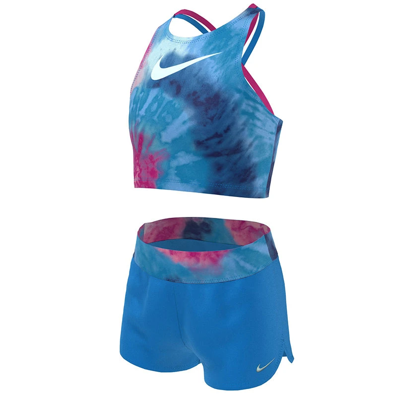 Nike - Girls' Tie Dye Spiderback Midkini & Short Set (Photo Blue) 1 Nike - Girls' Tie Dye Spiderback Midkini & Short Set (Photo Blue)