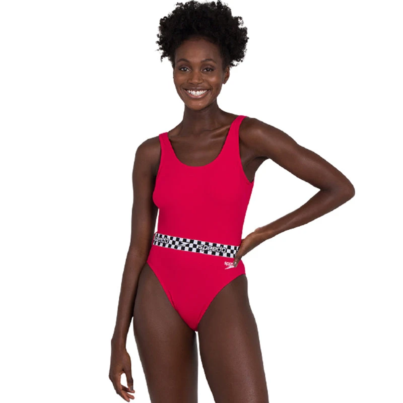 Speedo - Womens Belted Deep U-Back Swimsuit - Red 1 Speedo - Womens Belted Deep U-Back Swimsuit - Red