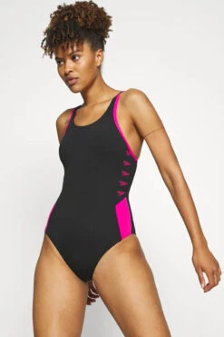 Speedo - Womens Boom Logo Splice Muscleback Swimsuit - Black/Pink -Swim and Beyond speedo womens boom logo splice muscleback swimsuit black pink 8