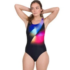 Speedo - Womens Placement Digital Powerback Swimsuit - Black/Violet/Pink