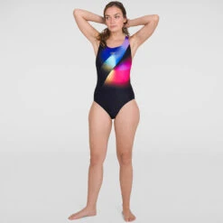 Speedo - Womens Placement Digital Powerback Swimsuit - Black/Violet/Pink -Swim and Beyond speedo womens placement digital powerback swimsuit black violet pink 8